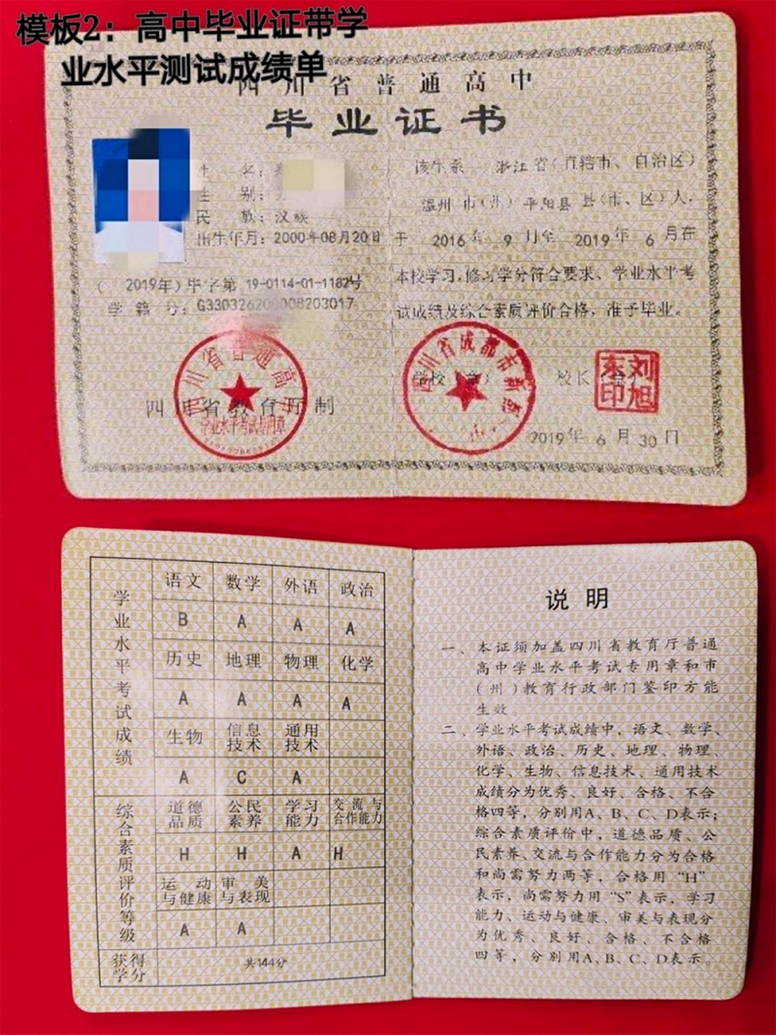 附件2：模板2高中畢業(yè)證帶學(xué)業(yè)水平測試成績
