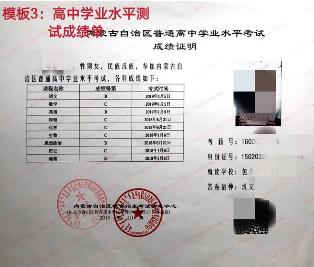 附件3：模板3高中學(xué)業(yè)水平測試成績單
